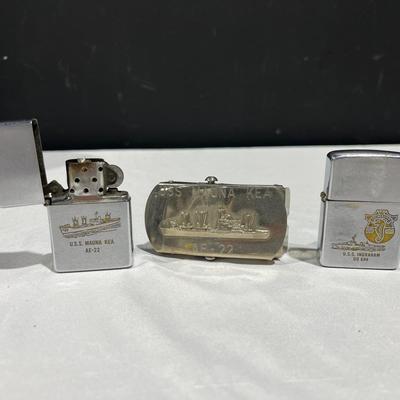 USS Mauna Kea AE-22 & USS Ingraham DD-694 Vntg Zippo Lighters & Mauna Kea Belt Buckle 