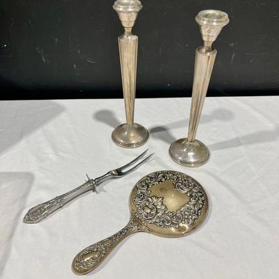 Antique Sterling Silver Vanity Mirror, Weighted Sterling Candlestick Holders & Sterling Silver Fork