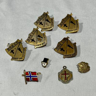 Vintage Mad Hatter Club Pin, Breck Class Pins, Deco Cross Pendent & 1919 Sweetheart Pin