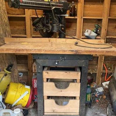 12" Radial Arm Saw with Metal Worktable & Drawers