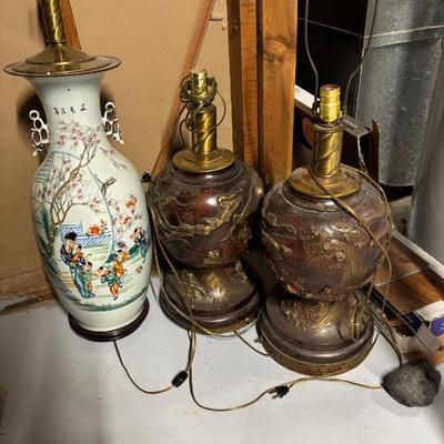 2 antique  bronze lamps, asianporcelain lamp
