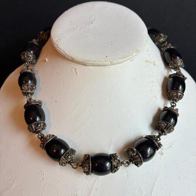 Black Onyx Bead And Silver Tone Necklace