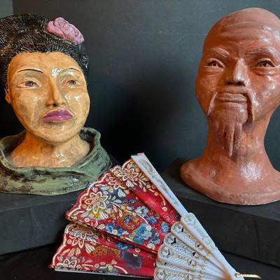 Asian Inspired Clay Busts With Oriental Hand Fan
