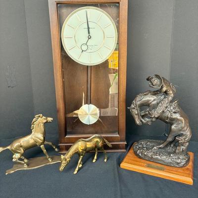 Howard Miller Clock, Plus Bronze And Brass Horse Statuettes
