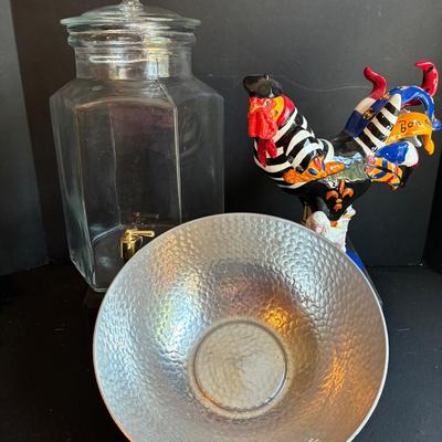 “Poultry In Motion” Painted Rooster, Punch Dispenser & Hammered Metal Bowl 