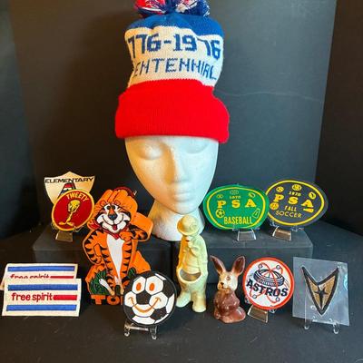 Vintage Bicentennial Knit Cap, 1970s Patches, Tony The Tiger Radio & Figurines
