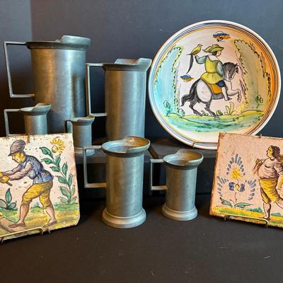 Hand Painted Italian Pottery & Pewter Tankard Set