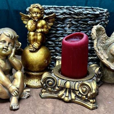 Gold Tone Cherubs & Wicker Basket