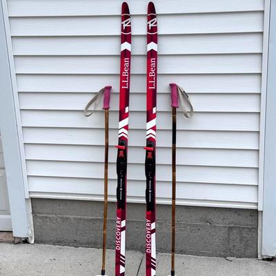 Pair Of LL Bean Discovery Cross Country Skis 150s With Pair Of ‘Grass Sticks’ Ski Poles 