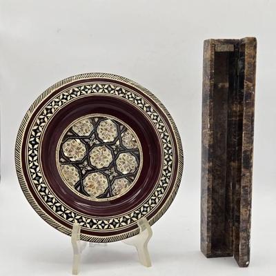 Wooden Plate with Mother of Pearl Inlay & Stone Incense Holder