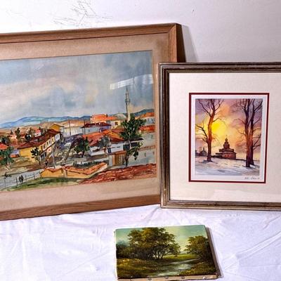 (2) Building Scenes And (1) Forest Painting