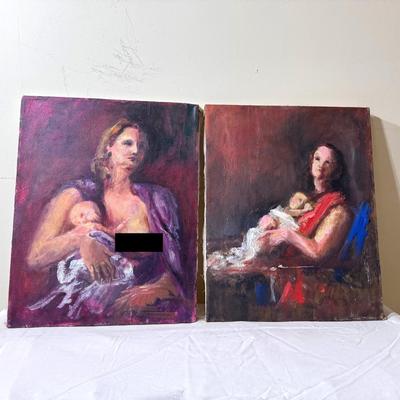 (2) Paintings Of Mothers With Baby  