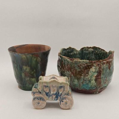 (3) Blue Drip Pottery Pieces