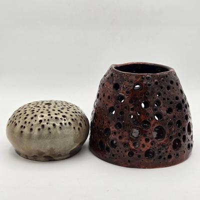 Pottery Luminary & Signed Ceramic Floral Frog