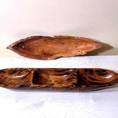 (2) Carved Out Oblong Wood Vessels 