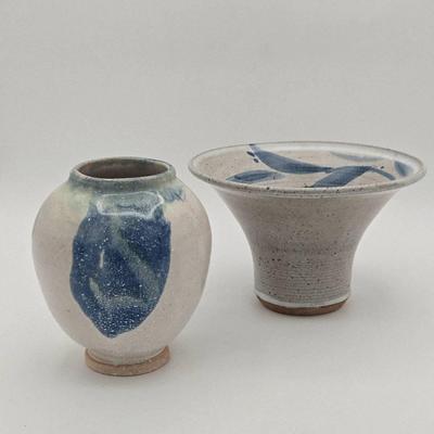 (2) Blue & Gray Signed Studio Pottery Vases