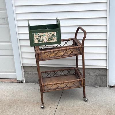 Wicker Rolling Cart With A Mosaic Tile Handled Crate