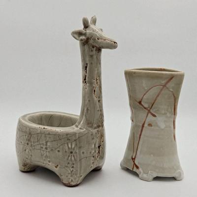 Pottery Giraffe & Signed Vase