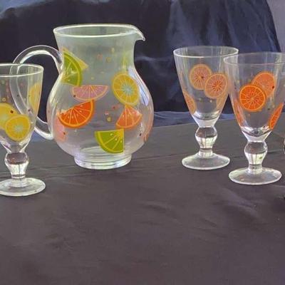 Laurie Gates Fruit Slice Stemware Glasses and Pitcher, & Princess House Copper Coffee Carafe 