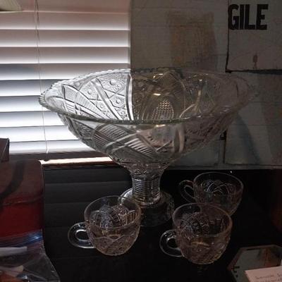 Vintage Punch Bowl on Pedestal with Glasses