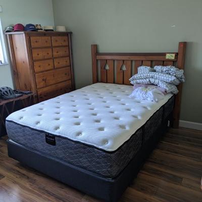 MACY'S PREMIUM MATTRESS, BOX AND FRAME: HEADBOARD AND TALL DRESSER PART OF 6 PC SET