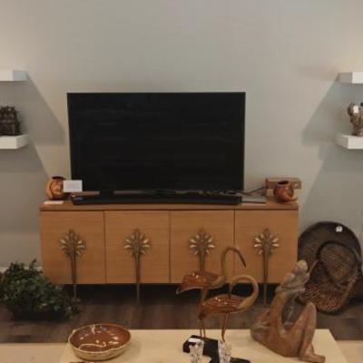 Sale Photo Thumbnail #8: Ambella Home Furniture TV Cabinet/Credenza 
65" curved Samsung Smart TV with soundbar and woofer included
