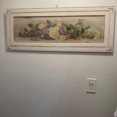 Framed Floral Print in Distressed White Wooden Frame