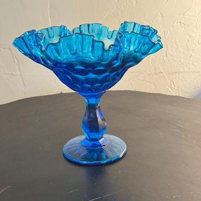Blue Pressed Glass Compote with Ruffled Rim