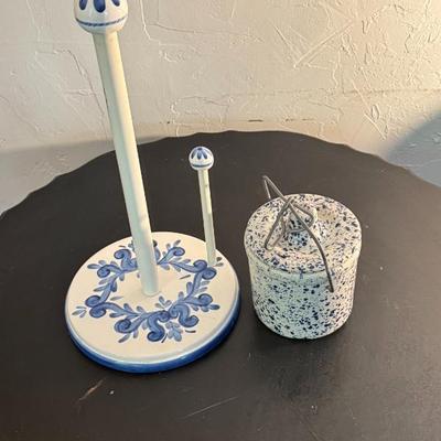 Painted Wooden Paper Towel Holder and Speckled Container