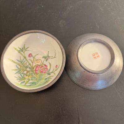 Asian Painted Sauce Plates with Floral and Bird Motif