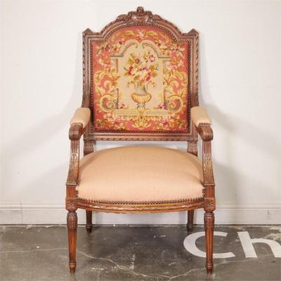 Vintage Louis XVI Style Carved Wood Chair with Embroidery