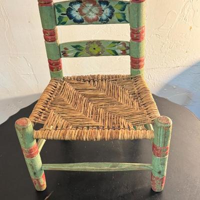 Painted Wood and Rattan Doll Chair