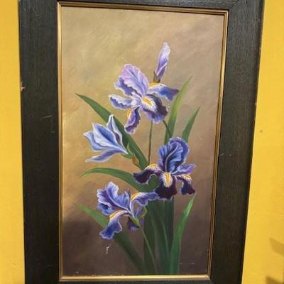 Framed Oil Painting of Purple Irises