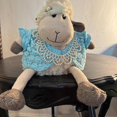Plush Sheep Toy with Blue Lace Garment and Pearl Accents