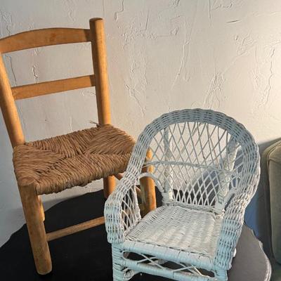 Pair of Doll Chairs in Wood, Rattan, and Wicker