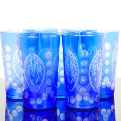 Blue Glass Tumblers w/Textured Dot & Leaf Pattern (Set of 7)