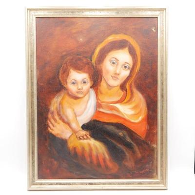 Original Oil Painting of Madonna and Jesus w/ Signature by M. Spears