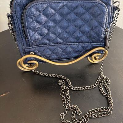 Blue Faux Leather Quilted Hand Purse with Chain Strap