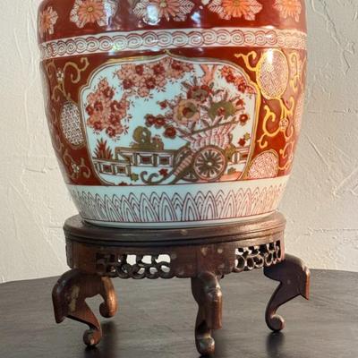 Asian-Style Ceramic Vase with Wooden Stand