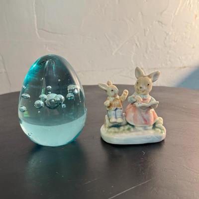 Blue Glass Egg Paperweight and Peter Rabbit Figurine