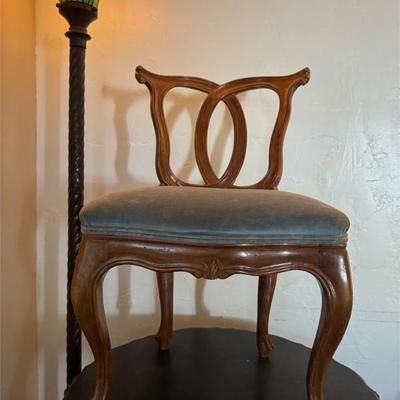 Carved Wood Chair with Blueish-Gray Velvet Seat