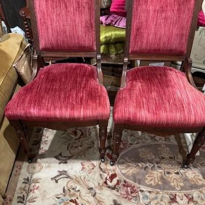 Carved Wood Chairs with Red Upholstery