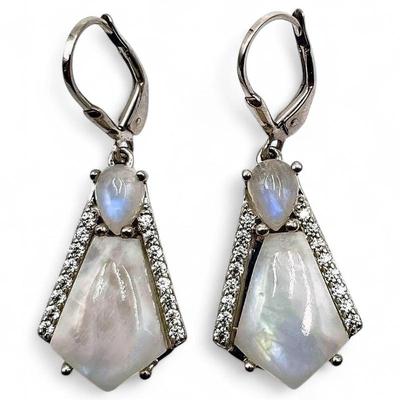 Sale Photo Thumbnail #277: Vintage Sterling Silver Mother of Pearl Dangle Earrings, 2"