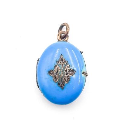 Sale Photo Thumbnail #153: Antique Victorian Blue Enamel Locket w/ Floral Design
