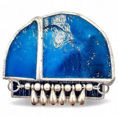 Sale Photo Thumbnail #52: Silver & Blue Enamel Brooch w/ Drop Accents