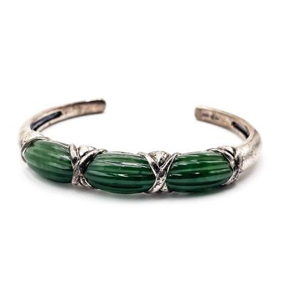 Sale Photo Thumbnail #163: Vintage Sterling Silver Cuff Bracelet w/ Carved Green Jade