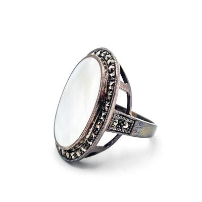 Sale Photo Thumbnail #112: Art Deco Sterling Silver Mother of Pearl Marcasite Ring