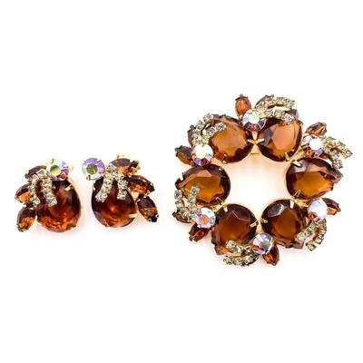 Sale Photo Thumbnail #19: Vintage Amber Rhinestone Brooch & Clip Earring Set