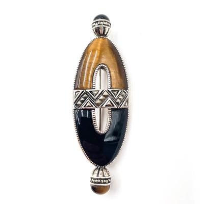 Sale Photo Thumbnail #195: Vintage Art Deco Style Sterling Silver Onyx Tiger Eye Brooch
