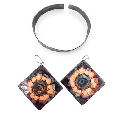 Sale Photo Thumbnail #134: Vintage Modernist Copper Enamel Jewelry Set Earrings & Bracelet